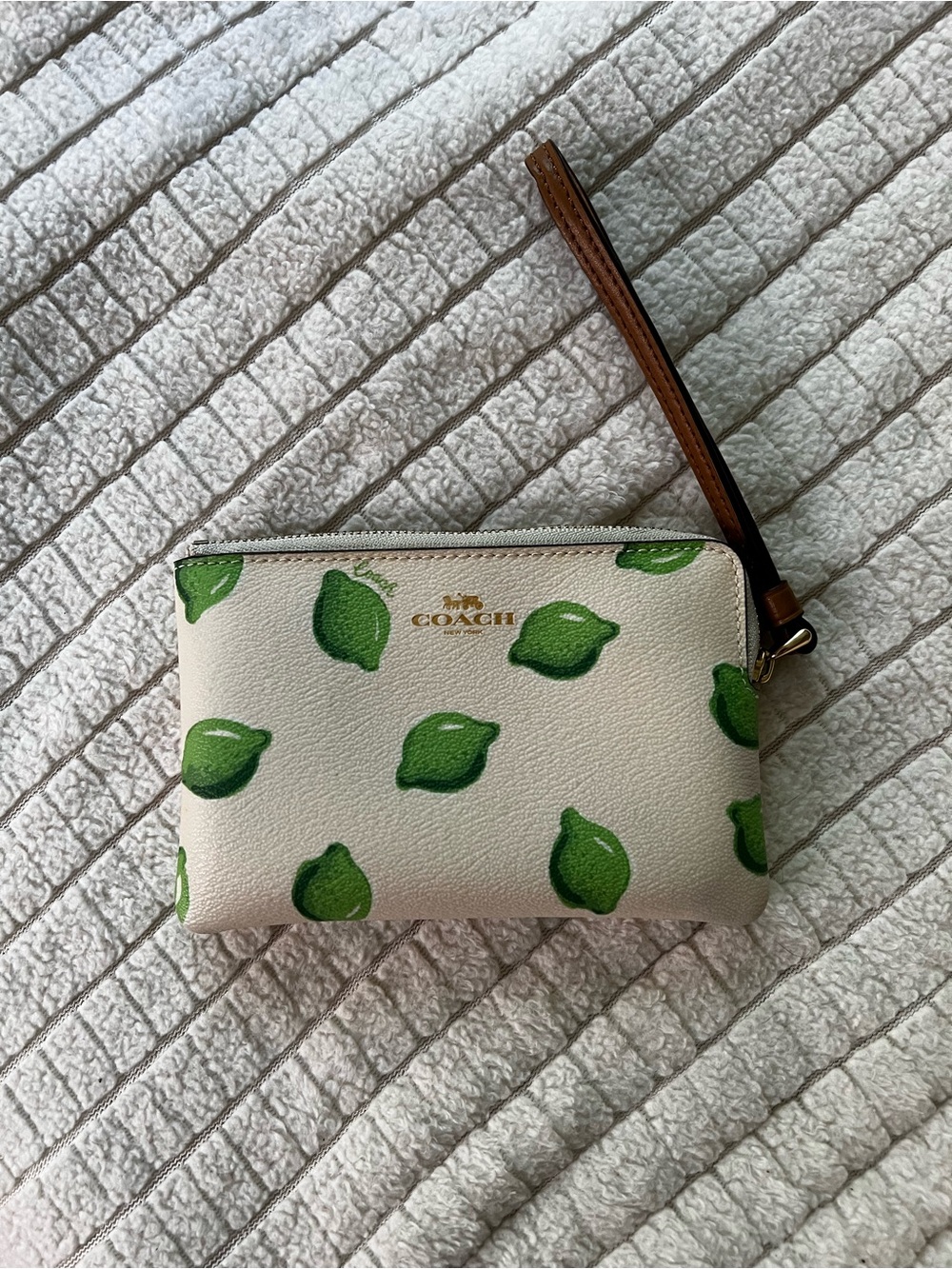 Coach Cream Wristlet with Green Lime Print and Brown Strap